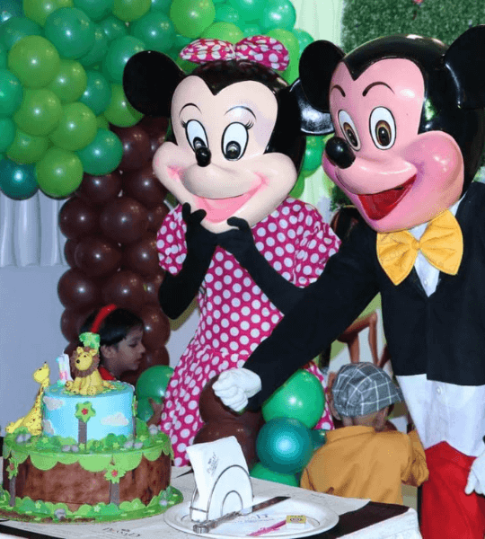 Mickey, Donald Duck, Lion, Panda and Doraemon Mascots at a birthday party event