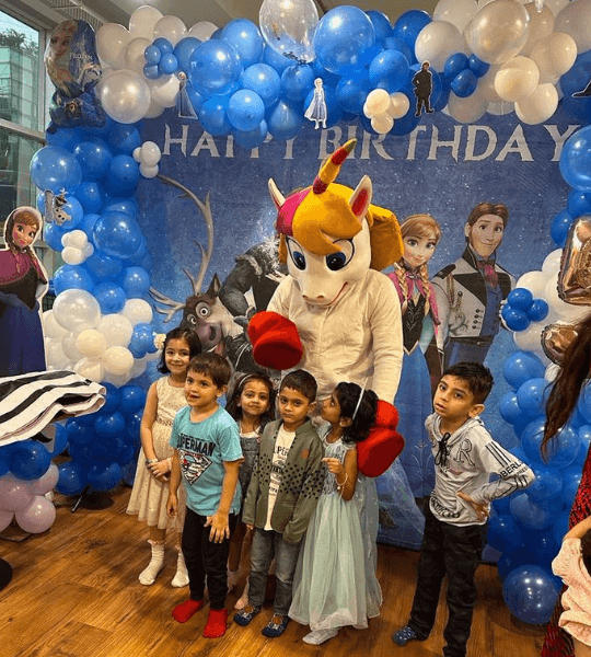 Mickey, Donald Duck, Lion, Panda and Doraemon Mascots at a birthday party event