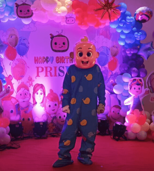 Mickey, Donald Duck, Lion, Panda and Doraemon Mascots at a birthday party event