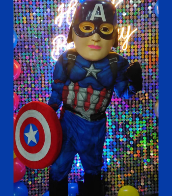 Super hero theme mascot Captain America interacting with children at an event